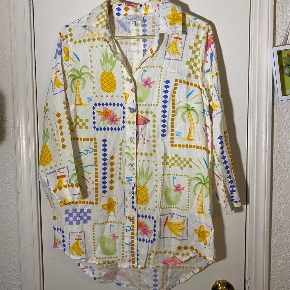 Calypso St. Barth Linen Rayon Tropical Print Shirt Small Button Down Top Bananas